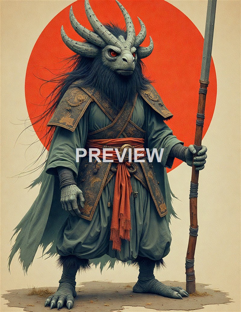 A humanoid creature with a goat-like face, multiple curved horns, red eyes, and a thick beard, dressed in ornate robes and armor, holding a staff, standing against a background with a large red circle.